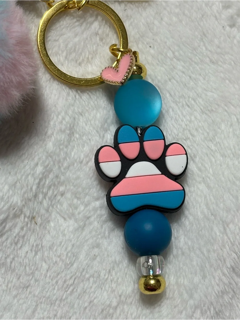 Pride Fuzzy Heart Pom Keychain with Pink & Blue Paw Charm